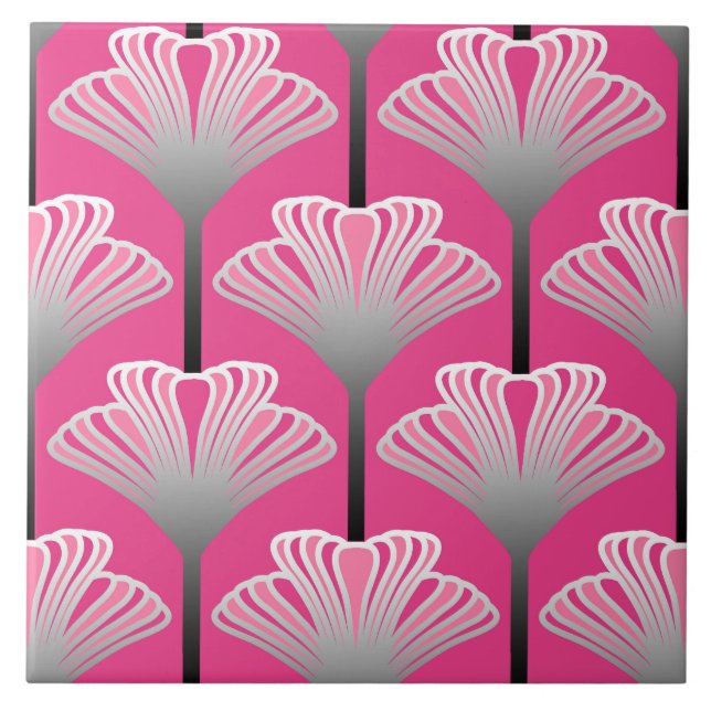 Art Deco Lily, Fuchsia Pink and Silver Grey Ceramic Tile (Front)