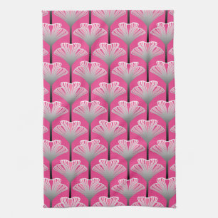 Art Deco Lily, Fuchsia Pink and Silver Grey Tea Towel