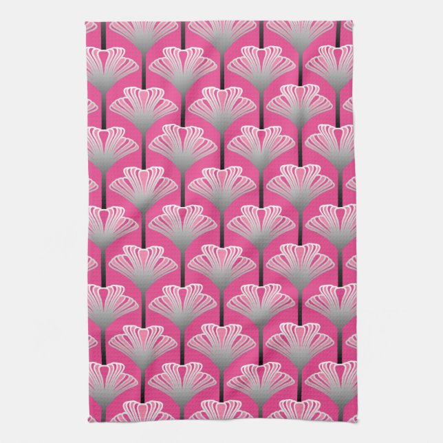 Art Deco Lily, Fuchsia Pink and Silver Grey Tea Towel (Vertical)