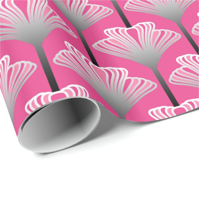 Art Deco Lily, Fuchsia Pink and Silver Grey Wrapping Paper (Roll Corner)