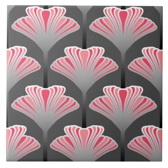Art Deco Lily, Grey / Grey and Coral Pink Ceramic Tile (Front)