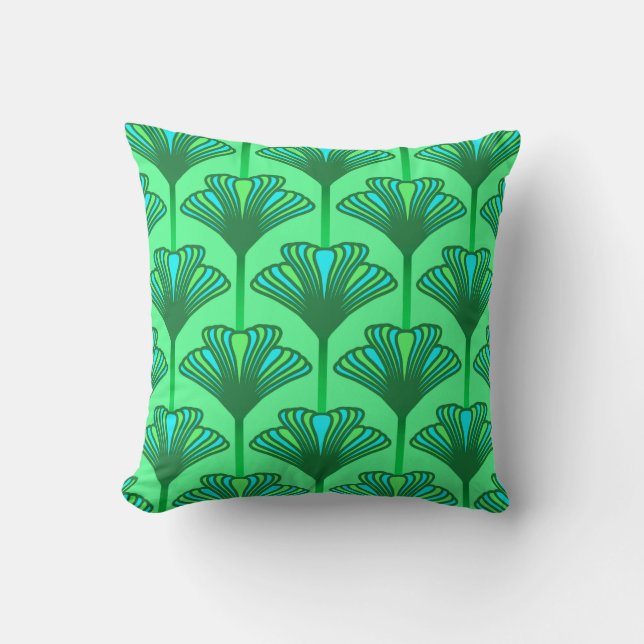 Art Deco Lily, Jade Green and Turquoise Cushion (Front)