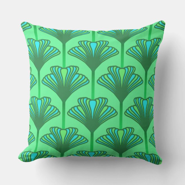 Art Deco Lily, Jade Green and Turquoise Cushion (Front)