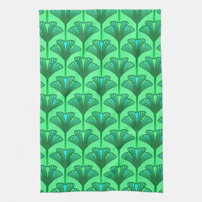 Art Deco Lily, Jade Green and Turquoise Tea Towel (Vertical)