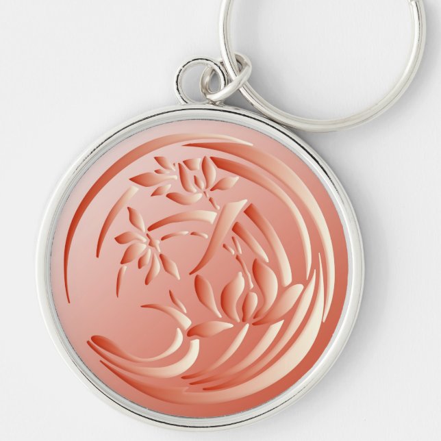 Art Deco Lily pattern - coral orange Key Ring (Front)