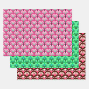Art Deco Lily, Pink, Jade Green, Brown & Coral  Wrapping Paper Sheet