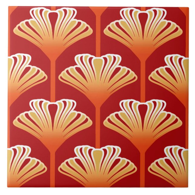 Art Deco Lily, Tangerine Orange and Gold Ceramic Tile (Front)