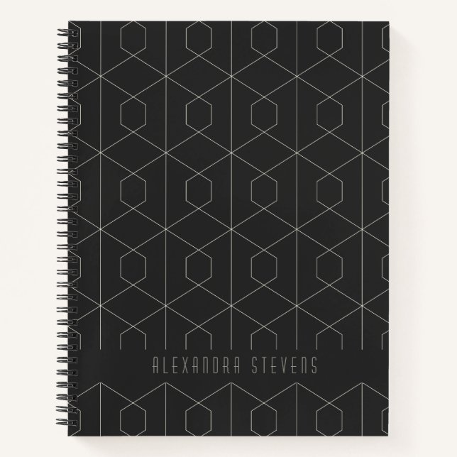Art Deco Linear Geometry Black White Personalised  Notebook (Front)