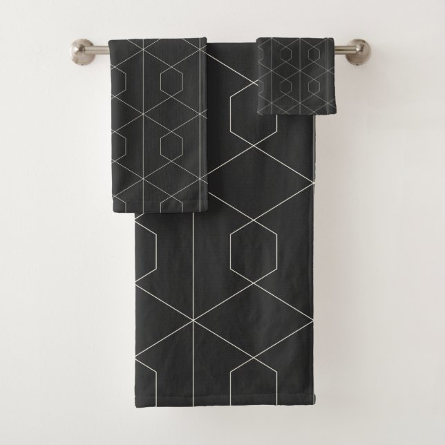 Art Deco Linear Geometry Pattern Black and White  Bath Towel Set (Insitu)