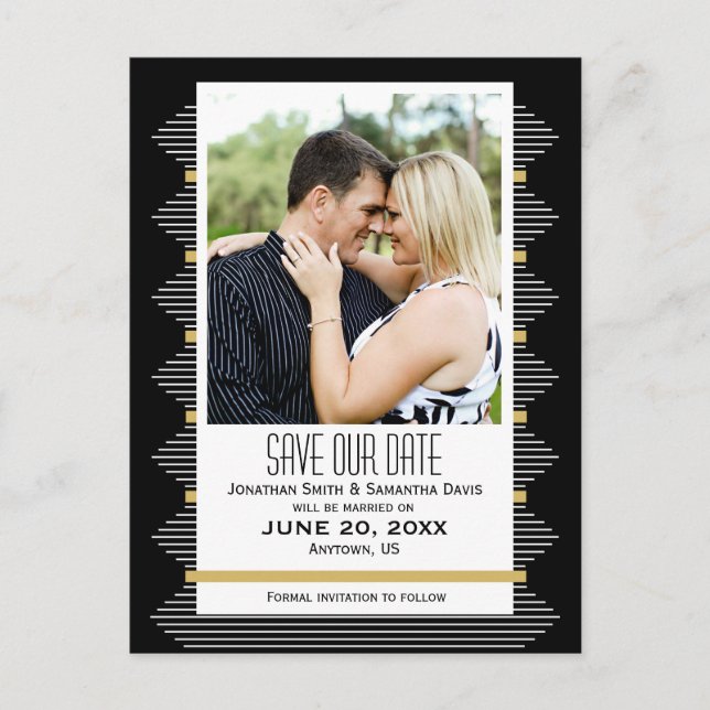 Art Deco Lines Black & Gold Photo Save The Date Announcement Postcard (Front)