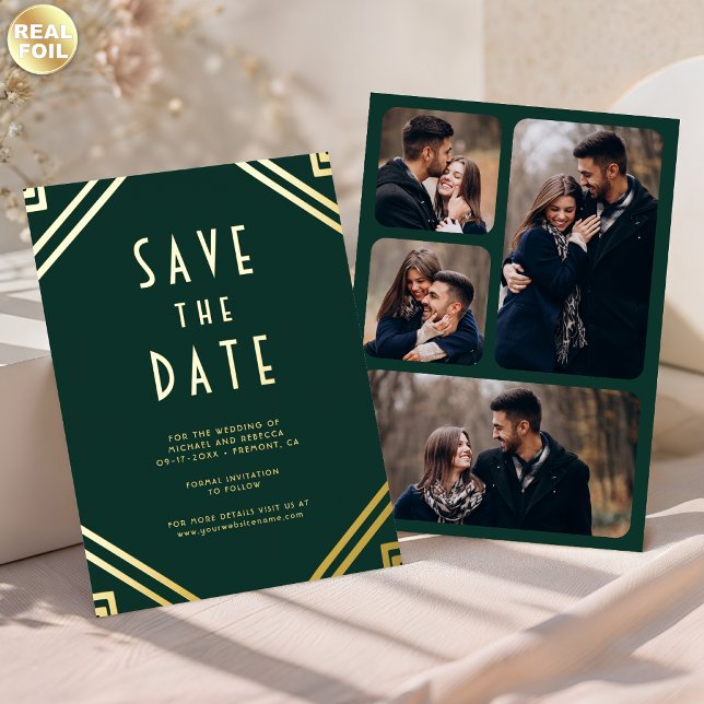 Art Deco Lines Emerald Gold Wedding Save the Date (Creator Uploaded)