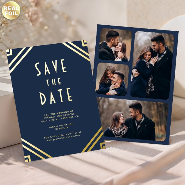 Art Deco Lines Navy Gold Wedding Save the Date (Creator Uploaded)