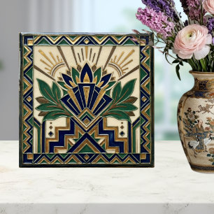 Art Deco Lotus Floral Navy Blue Gold Green Pattern Ceramic Tile