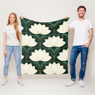 Art Deco Lotus Flowers on Golden Fan shapes  Fleece Blanket
