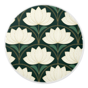 Art Deco Lotus Flowers on Golden Fans Pattern  Ceramic Knob