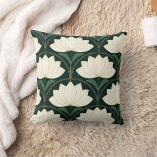 Art Deco Lotus Flowers on Golden Fans Pattern Cushion