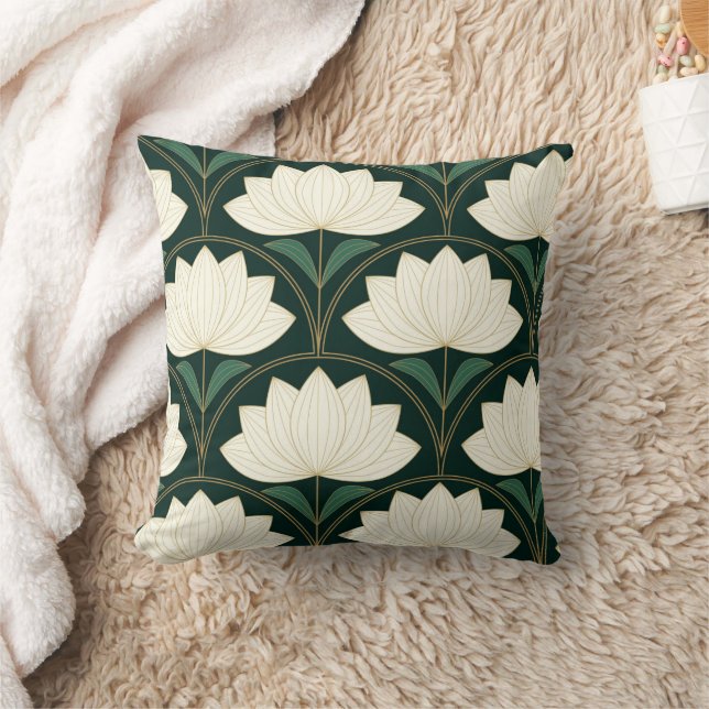 Art Deco Lotus Flowers on Golden Fans Pattern  Cushion (Blanket)