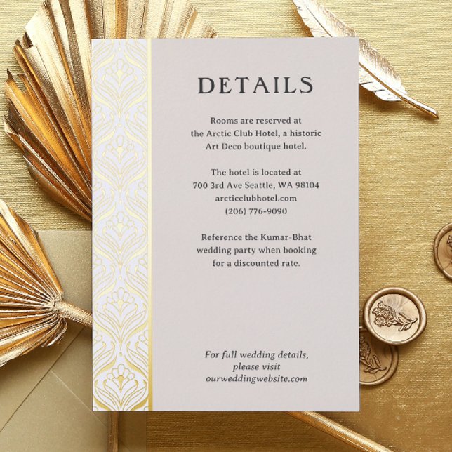 Art Deco Lotus Gold Wedding Details Enclosure Card (art deco wedding details enclosure card, indian wedding invitation suite, gold foil hotel info card)