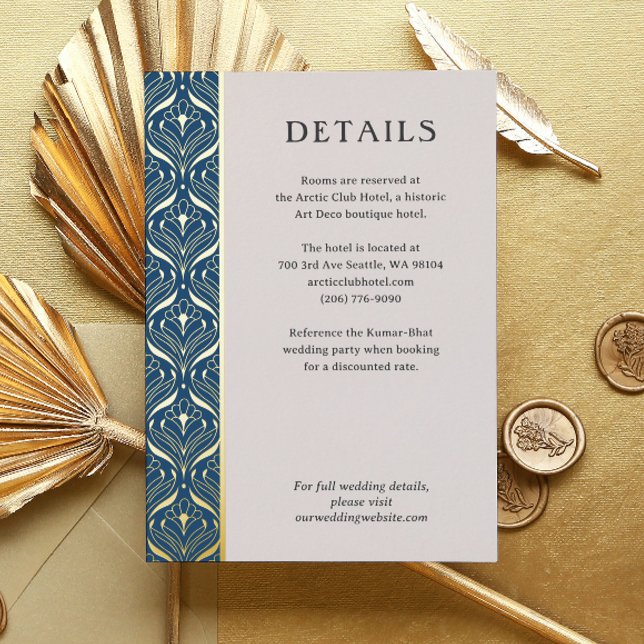 Art Deco Lotus Gold Wedding Details Enclosure Card (art deco wedding details enclosure card, indian wedding invitation suite, gold foil hotel info card)
