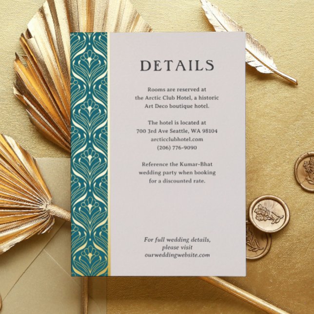 Art Deco Lotus Gold Wedding Details Enclosure Card (art deco wedding details enclosure card, indian wedding invitation suite, gold foil hotel info card)
