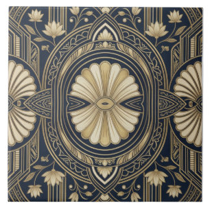 Art Deco Lotus Mandala Navy & Gold Geometric Patte Ceramic Tile