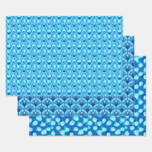 Art Deco Lotus Patterns, Turquoise & Cobalt Blue Wrapping Paper Sheet