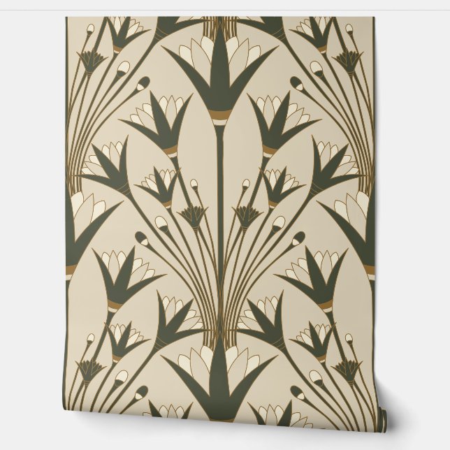Art Deco Lotus - Scallop Lotus - Brown & Green Wallpaper (Unrolling)