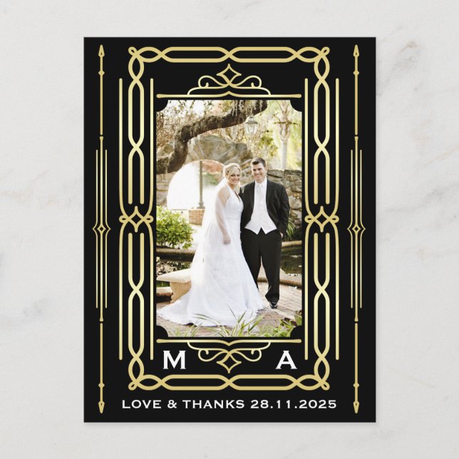Art Deco Love & Thanks Gold Black Photo Thank You Postcard (Front)