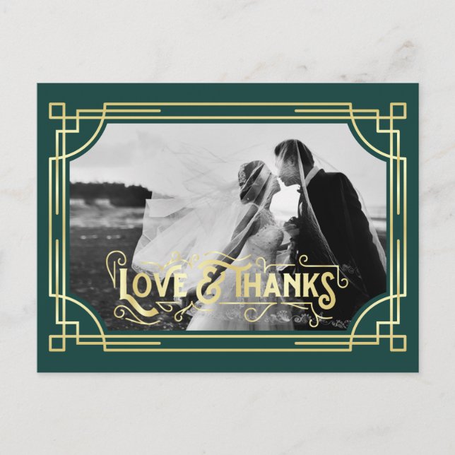 Art Deco Love & Thanks Gold Dark Green Thank You Postcard (Front)