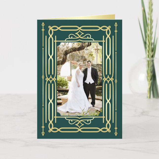 Art Deco Love & Thanks Gold Green Photo Thank You Card (Front)
