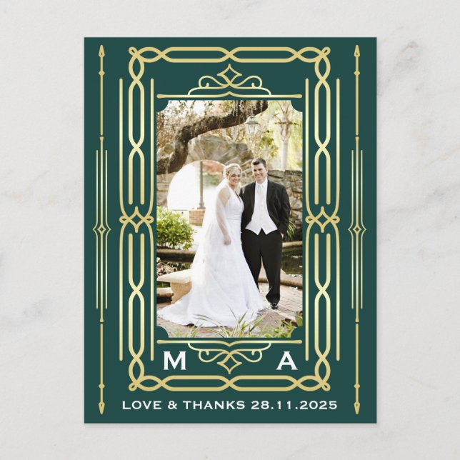 Art Deco Love & Thanks Gold Green Photo Thank You Postcard (Front)