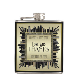 Art Deco Love & Thanks Wedding Champagne Gold Glam Hip Flask