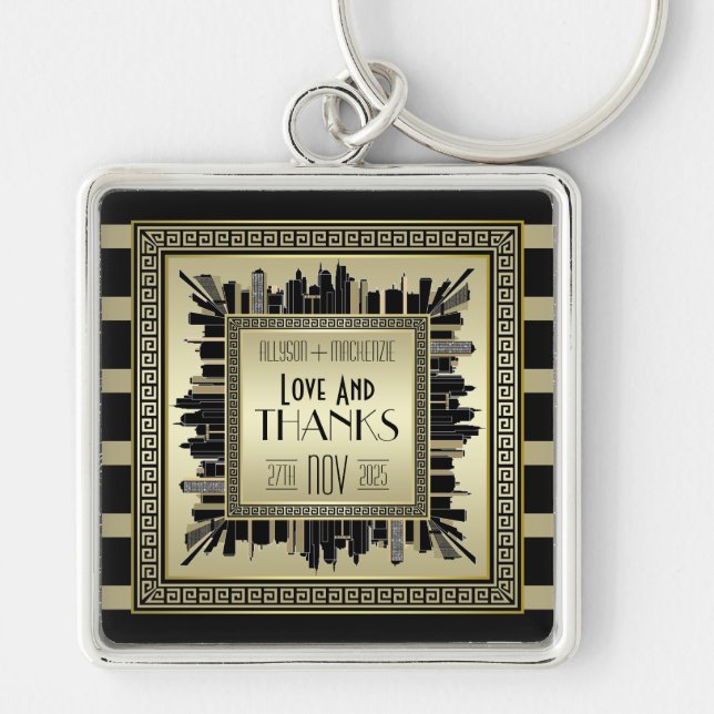 Art Deco Love & Thanks Wedding Champagne Gold Glam Key Ring (Front)