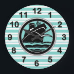 Art Deco Lt Blue Wht Striped Blk Ship DIY Markers Large Clock<br><div class="desc">Art-Deco Light Blue and White Stripes, Black Ship, with DIY Markers. An art deco black and white ship with a light blue and white striped background. There are 4 different colours of numbers for you to choose from. Select the number colour that you want to keep and remove all of...</div>