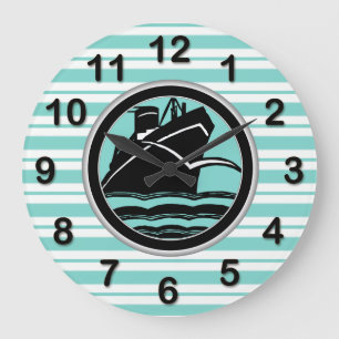 Art Deco Lt Blue Wht Striped Blk Ship DIY Markers Large Clock