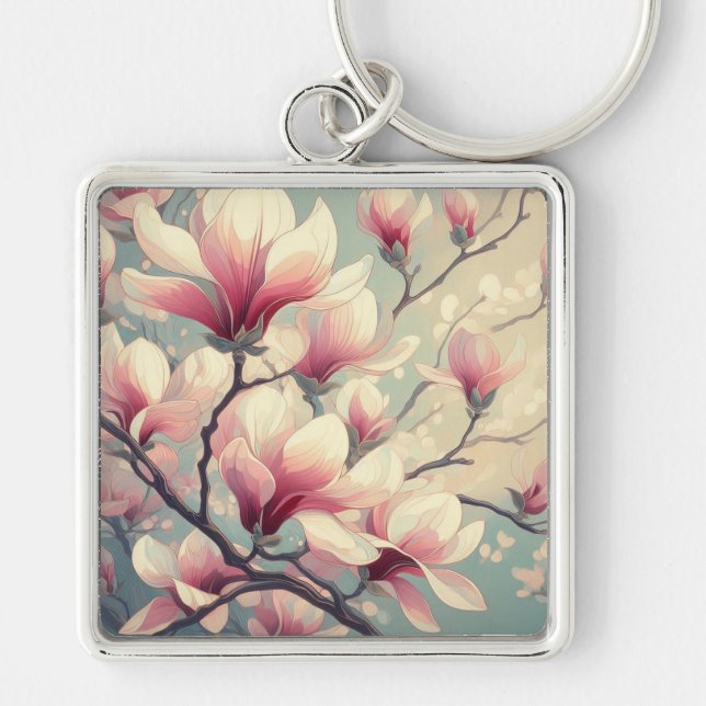 Art Deco Magnolia Blossoms Keychain (Front)