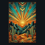 Art Deco Majestic Mesa Poster - Geometric Desert<br><div class="desc">Transform your home with the towering elegance of the American Southwest. This "Majestic Mesa" poster reimagines a classic desert sunrise through the lens of high Art Deco glamour. Featuring sharp, angular mountain peaks, stylised saguaro cacti, and a breathtaking sunburst that fills the sky with rhythmic geometric patterns. The sophisticated colour...</div>
