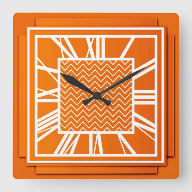 Art Deco, mandarin orange Square Wall Clock (Front)