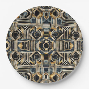 Art-deco marble Black and gold Jazzy Geometric Paper Plate