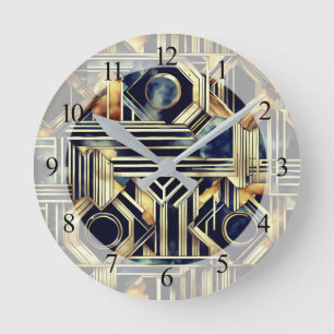 Art-deco marble Black and gold Jazzy Geometric Round Clock