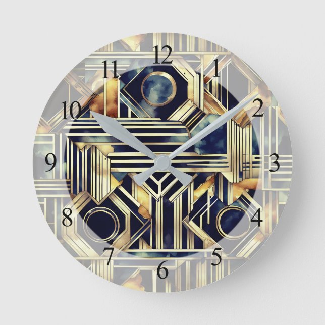 Art-deco marble Black and gold Jazzy Geometric  Round Clock (Front)
