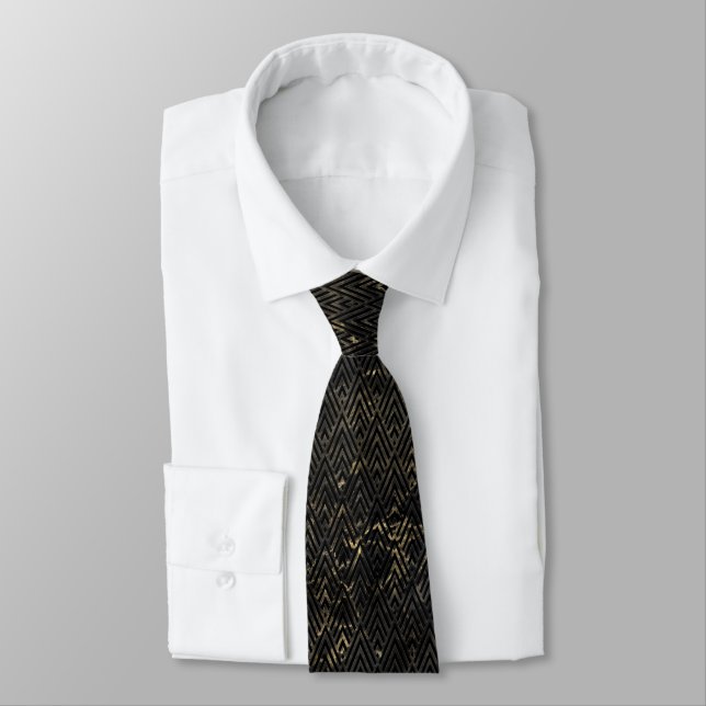 ART DECO MARBLE CHEVRON BLACK GOLD ABSTRACT TIE (Tied)
