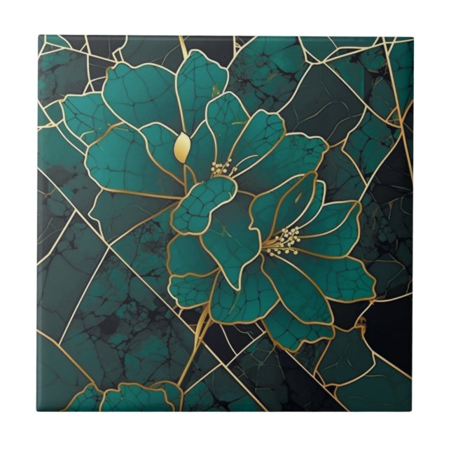 Art Deco Marble Mosaic Floral Emerald Green & Gold Ceramic Tile (Front)