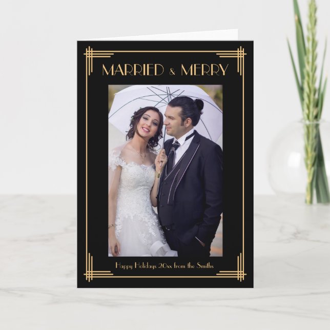 Art Deco Married And Merry Christmas Greeting Card (Front)