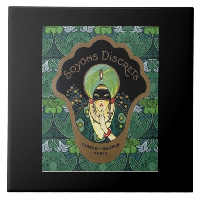 Art deco masked woman vintage ceramic tile (Front)