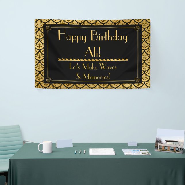 Art Deco Mermaid Scales - Black & Gold Birthday Banner (Tradeshow)
