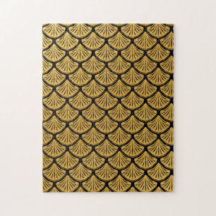 Art Deco Mermaid Scales - Black & Gold Jigsaw Puzzle