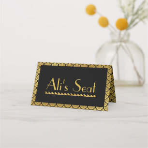 Art Deco Mermaid Scales - Black & Gold Place Card