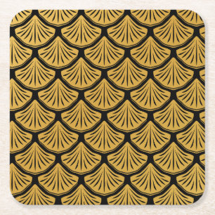 Art Deco Mermaid Scales - Black & Gold Square Paper Coaster