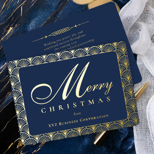 Art Deco Merry Christmas Navy Business Foil Holiday Card
